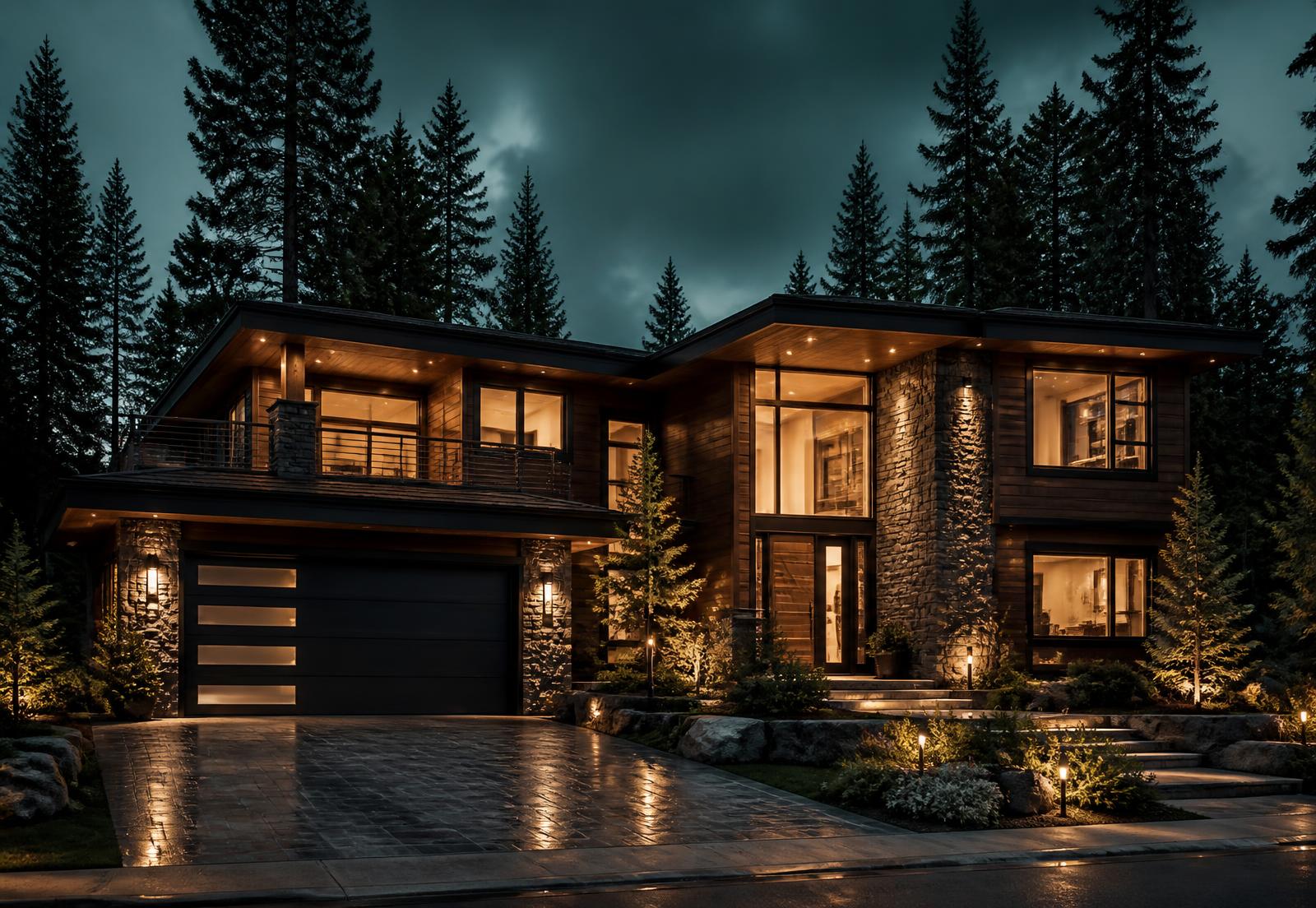 Modern illuminated home at dusk surrounded by pines
